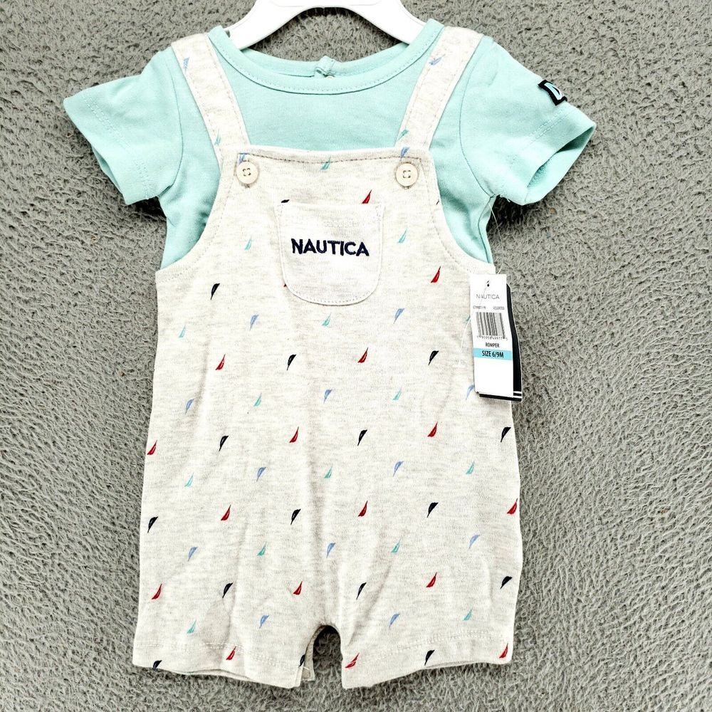 Nautica Short Sailboats Overalls 2 Piece Set - Boys Size 6-9M - Embroidered